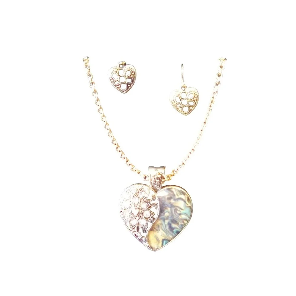 Natural Abalone Shell & Rhinestones Heart Pendant(Mixit Necklace & Earrings Set)